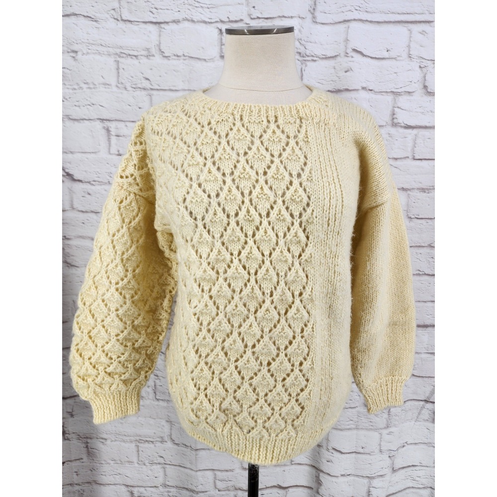 Hand Knit Sweater Handmade Balloon Sleeve Cozy Winter Open Weave Coastal Large